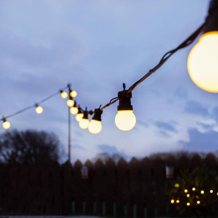 Picture of ConnectPro Outdoor Mains Powered Connectable Festoon Lights - IP65 Black Rubber Cable, Warm White Shatterproof Frosted Bulbs SMD LED Garden Wedding Party Lighting - 5m - No Plug