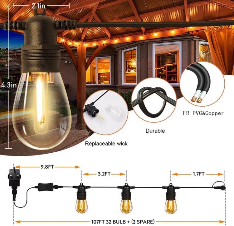 Picture of 107ft Dimmable Outdoor String Lights, 32x1w Led Bulbs Remote Control Festoon Lights Outdoor,Garden Lights