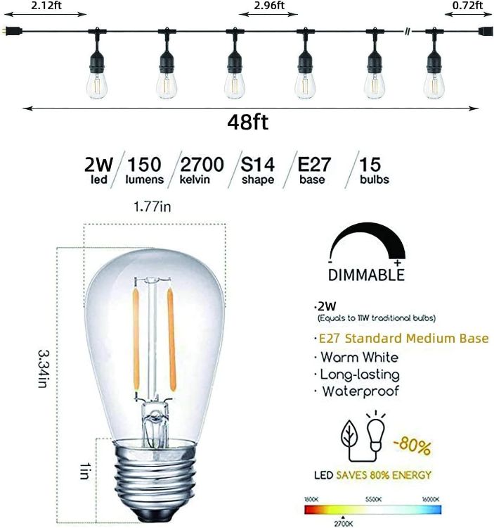 Picture of Outdoor String Lights LED 96FT/29m, S14 2Pack 48FT Festoon Lights Mains Powered with 30+2 2W Plastic Bulbs, IP65 Waterproof Garden String Lights