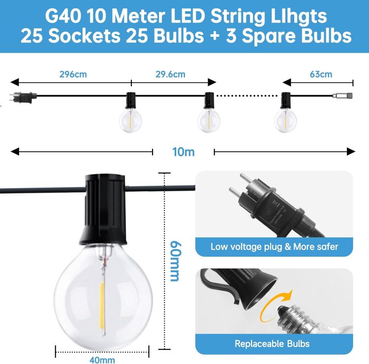 Picture of Outdoor String Lights Mains Powered, Festoon Lights 35FT G40 25+3 LED Hanging Lights, IP44 Waterproof Indoor/Outdoor