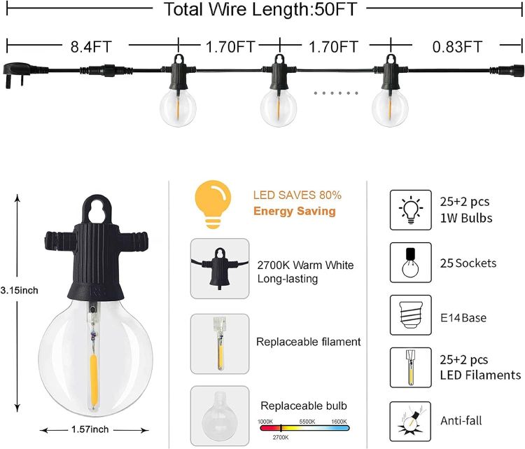 Picture of LED Outdoor String Lights Mains Powered, 50Ft Waterproof IP65 Garden String Lights, 25+2 G40 Globe Bulbs(2 Spare), Shatterproof Festoon Lights