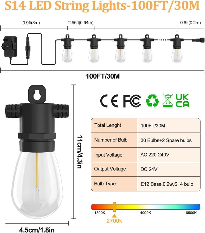 Picture of Outdoor Festoon Lights Mains Powered - 100ft 30m 30+2 S14 LED Bulbs Garden String Light IP65 Waterproof Outside Lighting 