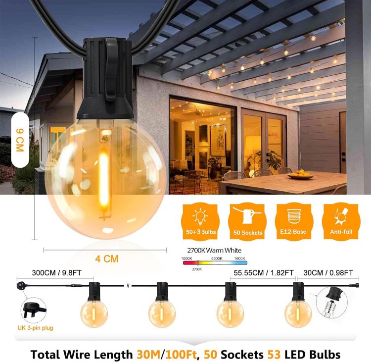 Picture of 30M Festoon Lights Outdoor Mains Powered 100FT with 50+3 Shatterproof Bulbs 2700K Garden String Lights for Outside