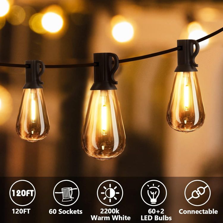 Picture of Outdoor String Lights, 120FT ST38 LED Festoon Lights Outdoor, IP44 Waterproof Globe Garden String Lighting with 60+2 Bulbs, 2200K Outside Patio Lights 