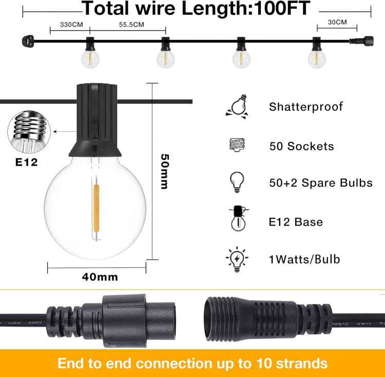 Picture of Garden Lights Mains Powered, 30M/100FT G40 Outside Festoon String Lights Outdoor Garden, 50+2 LED Waterproof Replaceable Plastic Bulbs