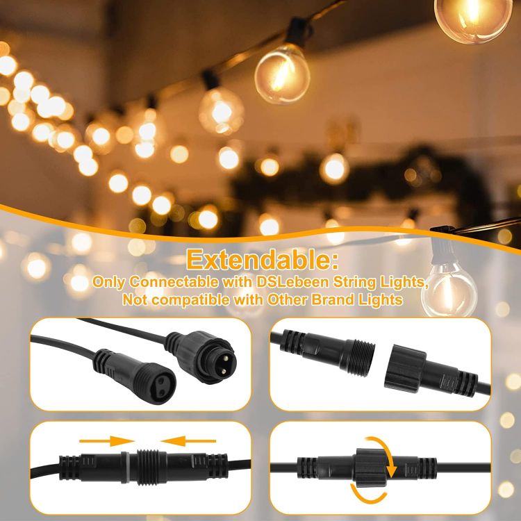 Picture of  Festoon Lights 50ft LED String Lights Mains Powered with 27+3 Plastic G40 Bulbs 2700K Connectable for Decorative Lighting on Cafe, Wedding, Party