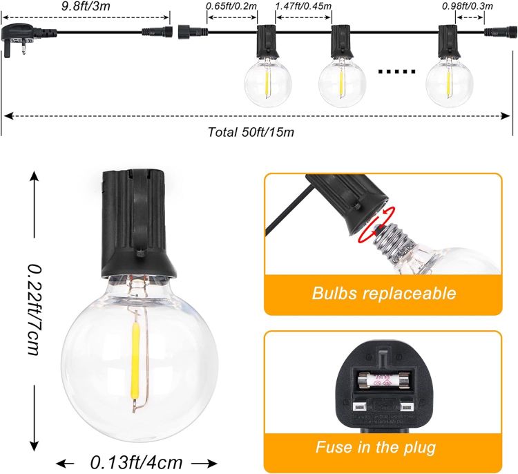 Picture of  Festoon Lights 50ft LED String Lights Mains Powered with 27+3 Plastic G40 Bulbs 2700K Connectable for Decorative Lighting on Cafe, Wedding, Party