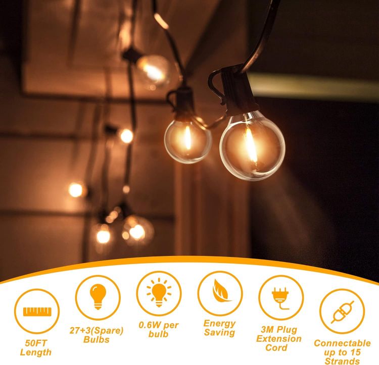 Picture of  Festoon Lights 50ft LED String Lights Mains Powered with 27+3 Plastic G40 Bulbs 2700K Connectable for Decorative Lighting on Cafe, Wedding, Party