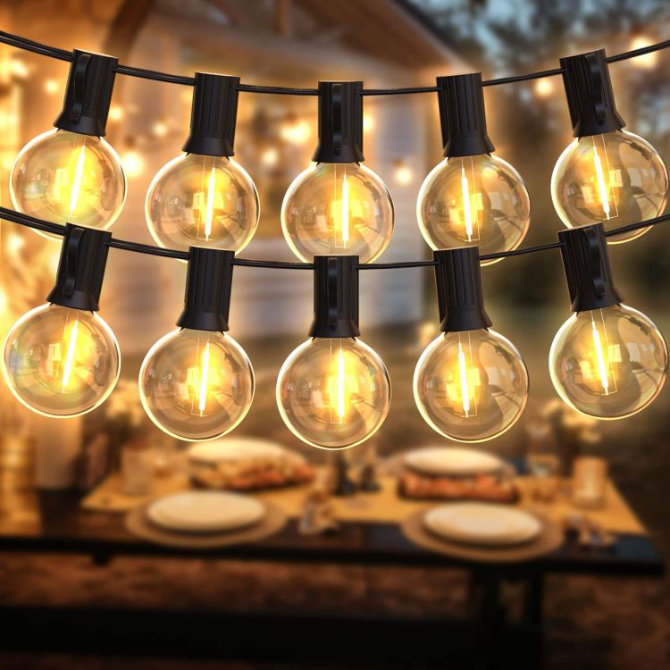 Picture of  Festoon Lights 50ft LED String Lights Mains Powered with 27+3 Plastic G40 Bulbs 2700K Connectable for Decorative Lighting on Cafe, Wedding, Party