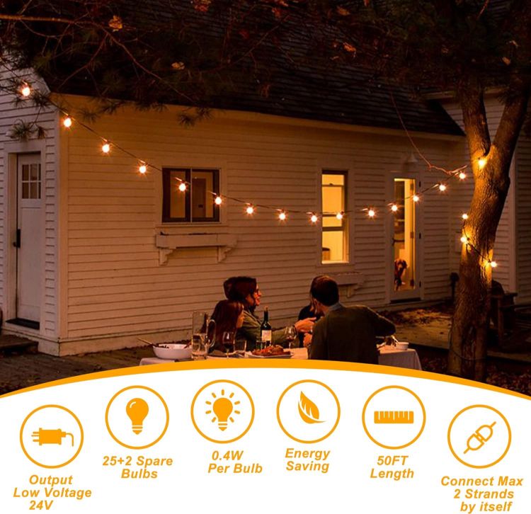 Picture of Festoon Lights Outdoor 50ft, Garden String Lights Mains Powered with 25+2 Plastic G40 LED Globe Bulb Lights 2700K 