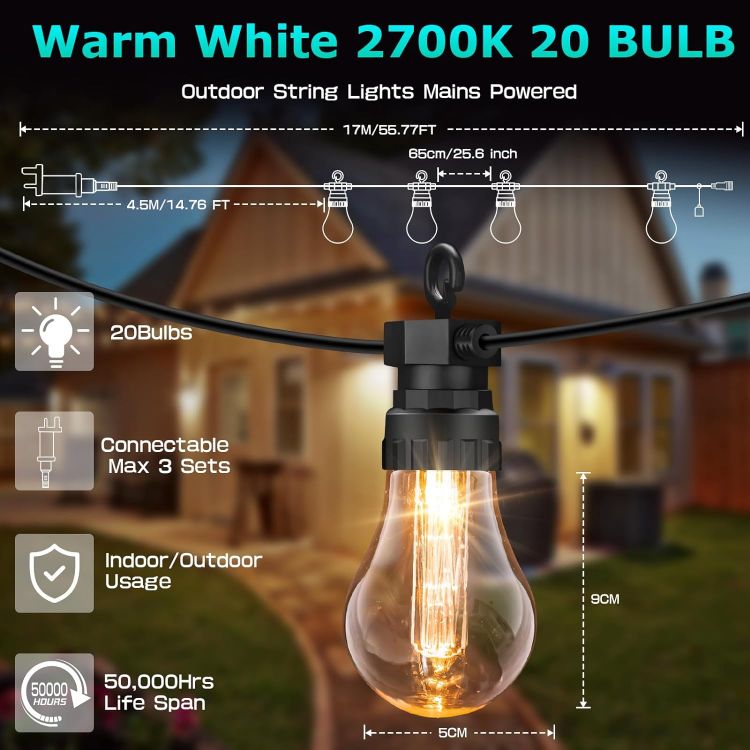 Picture of Festoon Lights Outdoor, 17M/55.77FT Connectable Outdoor String lights Mains Powered with Edsion Shatterproof Bulbs