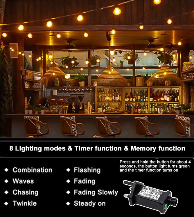 Picture of Festoon Lights Outdoor 6M Outside Lights Mains Powered with 16 Shatterproof Plastic Bulbs, IP65 Waterproof Outdoor