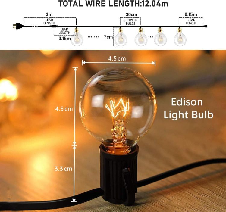 Picture of Outdoor Garden String Lights 33ft/10m 30+3 Incandescent Bulbs Globe Festoon Lights Outdoor Connectable IP65 Waterproof Plug