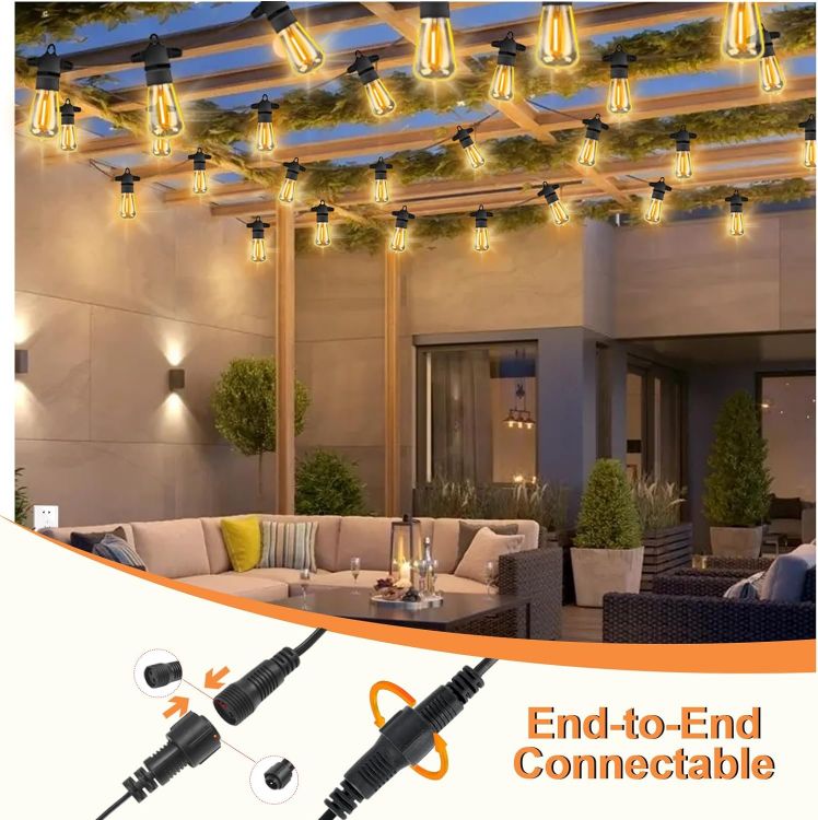 Picture of Garden String Festoon Lights - 75FT Outdoor Lights Mains Powered Waterproof IP65, 32+5 0.6W LED Bulbs Warm White 2300k, Shatterproof & Connectable