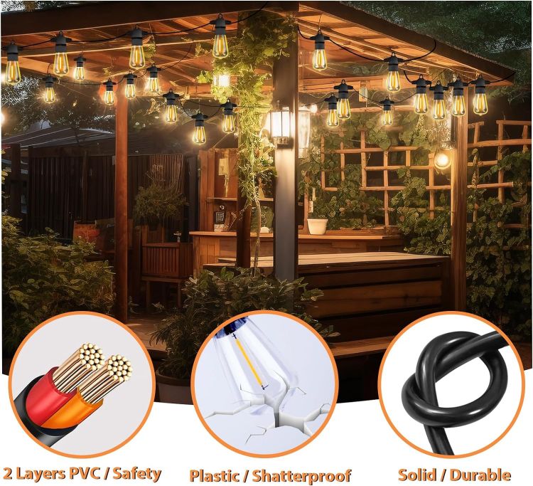 Picture of Garden String Festoon Lights - 75FT Outdoor Lights Mains Powered Waterproof IP65, 32+5 0.6W LED Bulbs Warm White 2300k, Shatterproof & Connectable