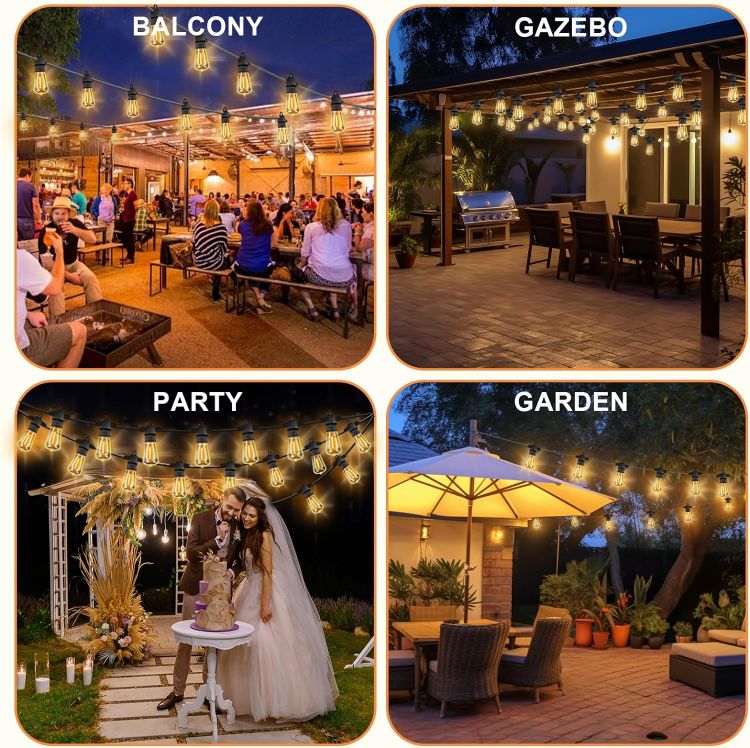 Picture of Garden String Festoon Lights - 75FT Outdoor Lights Mains Powered Waterproof IP65, 32+5 0.6W LED Bulbs Warm White 2300k, Shatterproof & Connectable