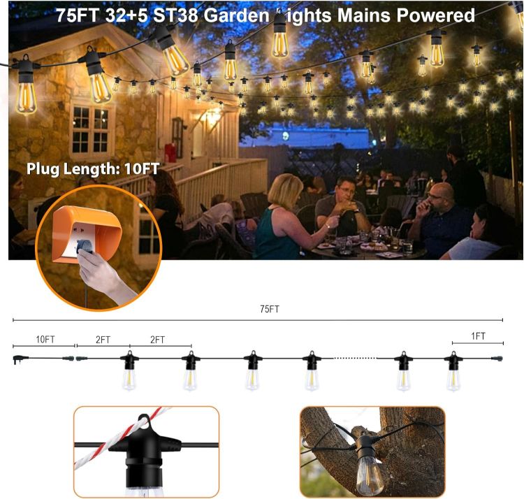 Picture of Garden String Festoon Lights - 75FT Outdoor Lights Mains Powered Waterproof IP65, 32+5 0.6W LED Bulbs Warm White 2300k, Shatterproof & Connectable