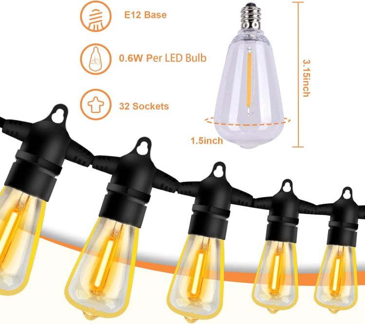 Picture of Garden String Festoon Lights - 75FT Outdoor Lights Mains Powered Waterproof IP65, 32+5 0.6W LED Bulbs Warm White 2300k, Shatterproof & Connectable