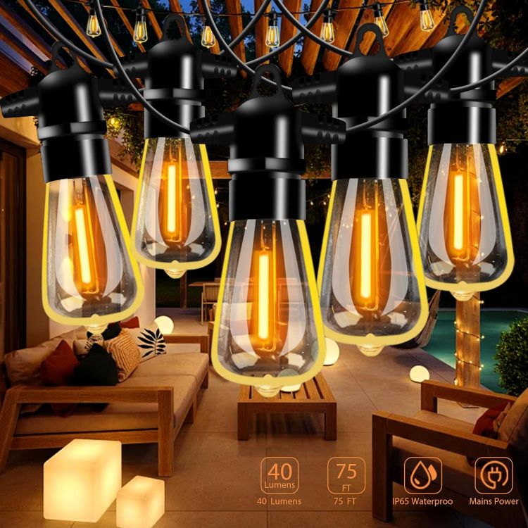 Picture of Garden String Festoon Lights - 75FT Outdoor Lights Mains Powered Waterproof IP65, 32+5 0.6W LED Bulbs Warm White 2300k, Shatterproof & Connectable