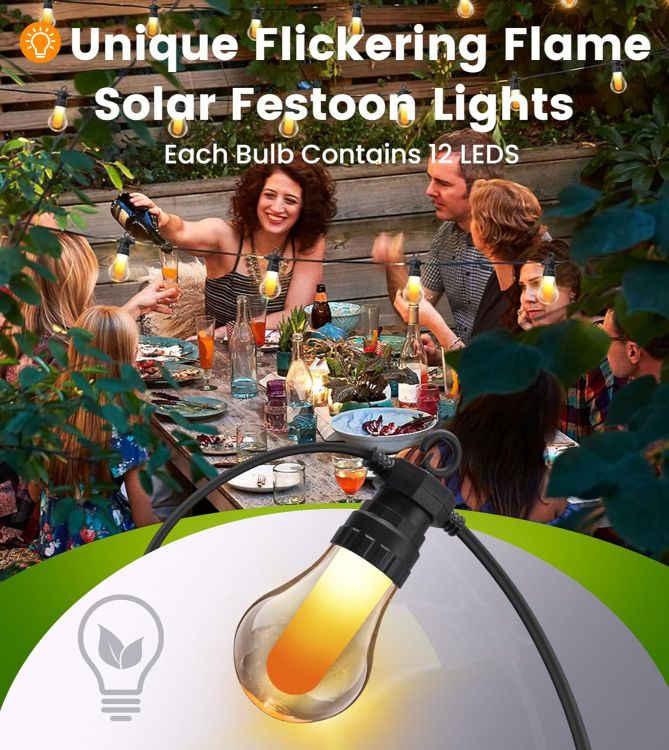 Picture of  Solar Festoon Lights Outdoor with Flickering Flame, 12M/39.4FT USB&Solar String Lights Outdoor Waterproof with 15 LED Shatterproof Bulbs