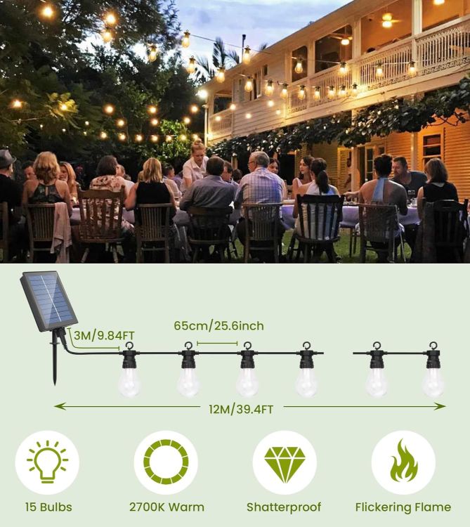 Picture of  Solar Festoon Lights Outdoor with Flickering Flame, 12M/39.4FT USB&Solar String Lights Outdoor Waterproof with 15 LED Shatterproof Bulbs