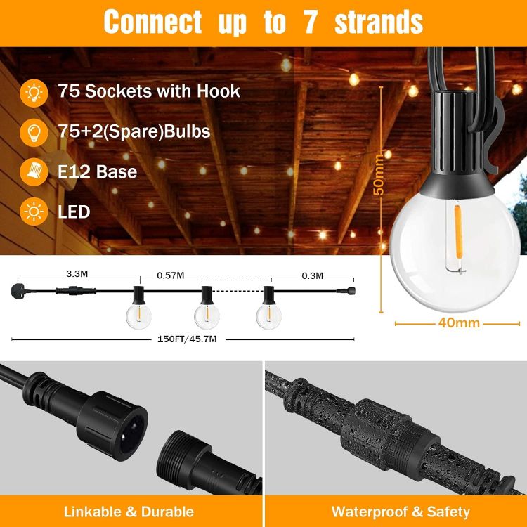 Picture of Outdoor LED String Lights Mains Powered 45.7M/150FT,Garden Festoon Lights with 75+2 G40 Plastic Bulbs,Waterproof Connectable