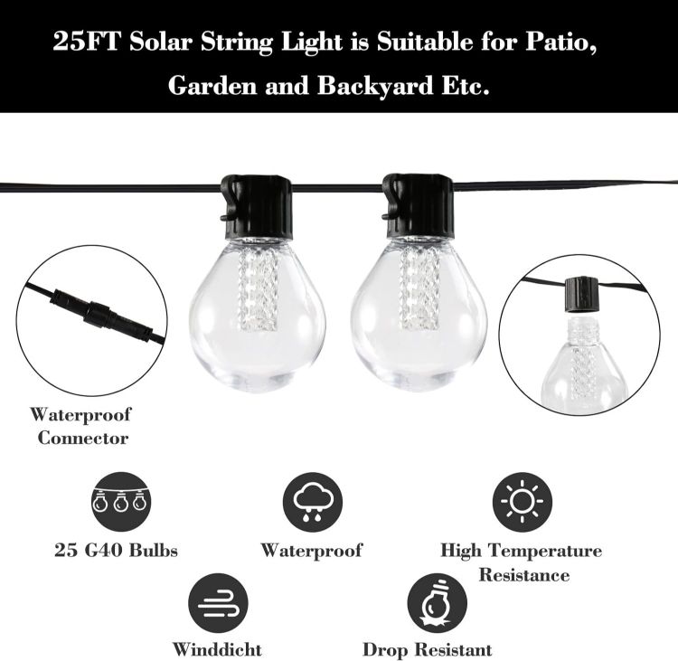 Picture of Solar Lights Outdoor Garden String - 7.5M/25ft G40 Bulbs Smart Solar String Lights Waterproof App Remote Control LED Festoon Hanging Lights