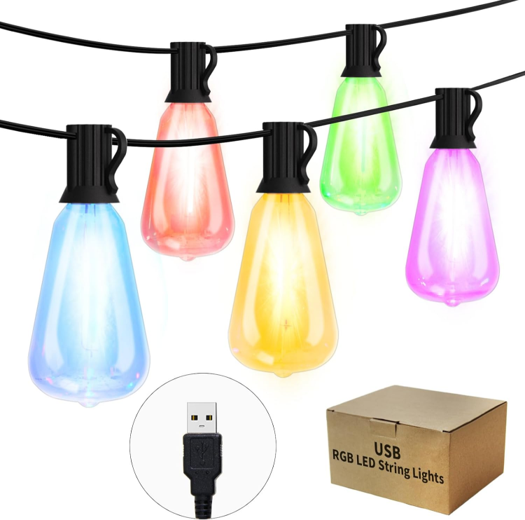 Picture of 10FT USB Power Colored String Lights, 10Pcs ST38 1W Plastic LED Edison Bulbs, Shatterproof, Waterproof USB Festoon Lights, Perfect for Camping