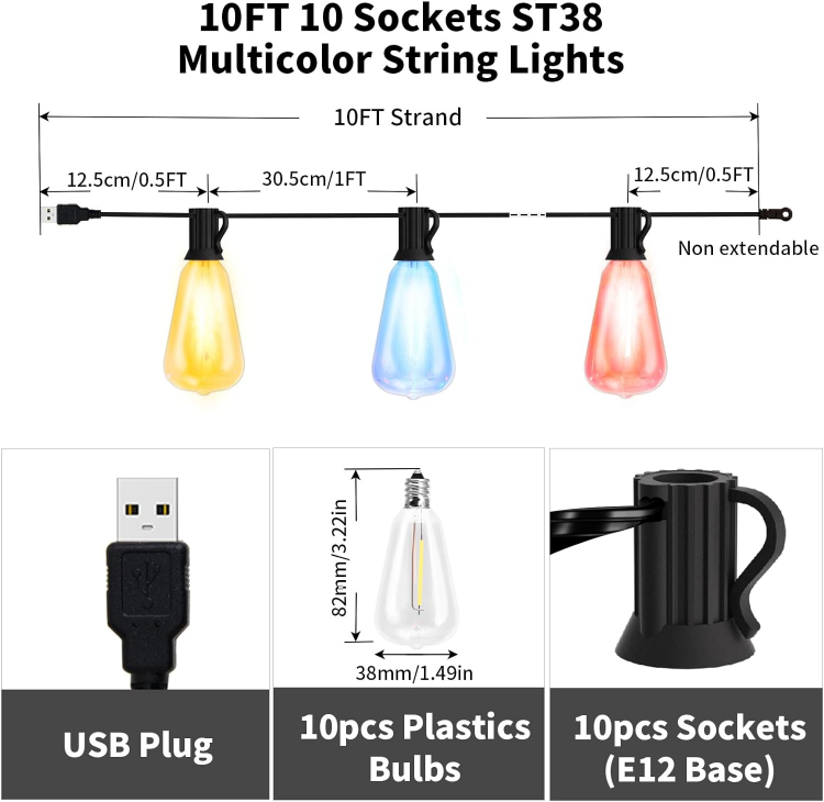 Picture of 10FT USB Power Colored String Lights, 10Pcs ST38 1W Plastic LED Edison Bulbs, Shatterproof, Waterproof USB Festoon Lights, Perfect for Camping