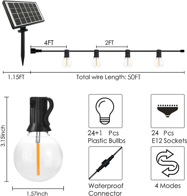 Picture of 50FT(15M) Solar String Lights Outdoor, G40 Solar Festoon Light Outdoor with 4 Modes and 25(1 Spare) 1W G40 Shatterproof Plastic Bulbs