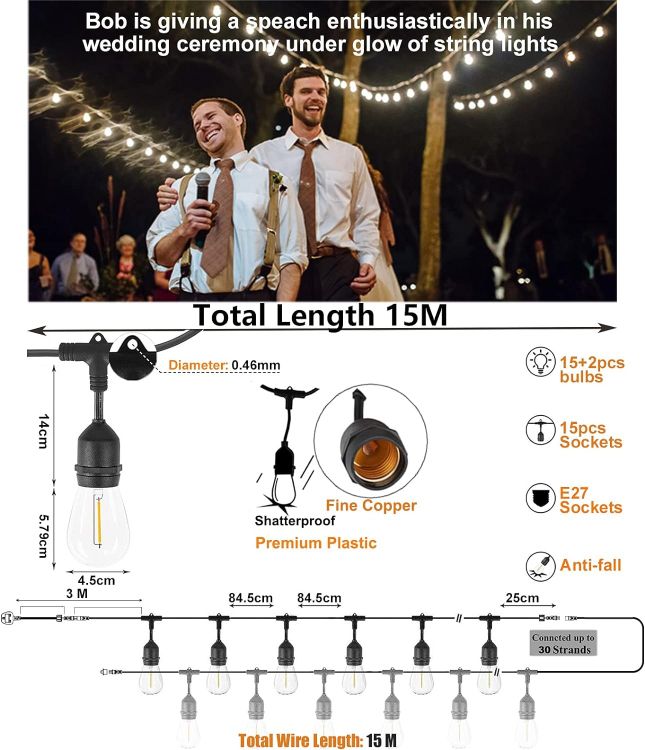 Picture of Festoon Lights Outdoor LED Mains, 15 Meters Garden String Lights 15 E27 Waterproof Sockets, 17pcs LED Shatterproof