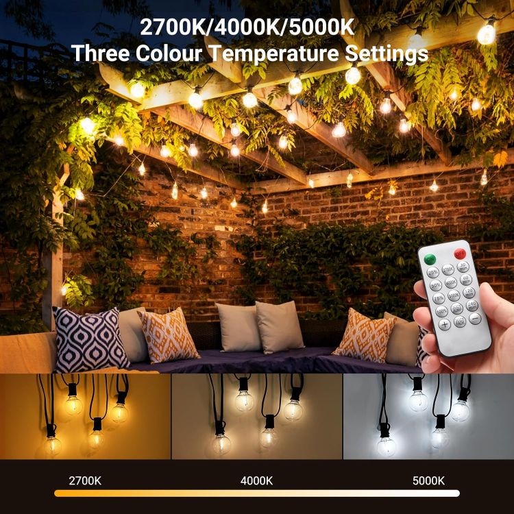 Picture of Dimmable Festoon Lights Outdoor, Warm Neutral Cool White Dimmable, 55FT/17M Garden Lights Mains Powered with 20+3pcs G40 LED, IP65 Waterproof String Lights 