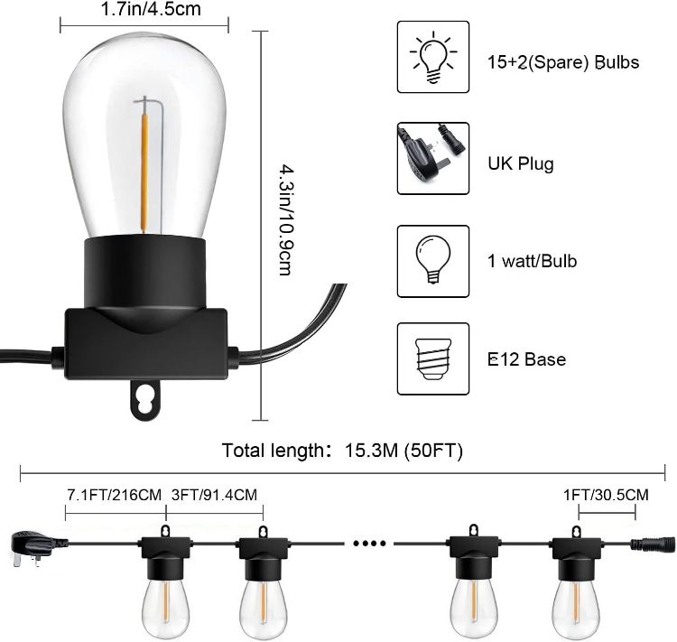 Picture of  50FT/15m S14 Outdoor String Lights Mains Powered, Festoon Lights with 15+2Pcs(Spare) Shatterproof Bulbs, Waterproof Garden Lights