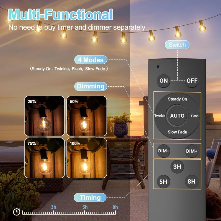 Picture of Solar Festoon Lights Outdoor with Remote+Timer, Dimmable Solar String Lights 4 Lighting Modes 41FT/12.5M IP44 Waterproof with 15+1 Bulbs