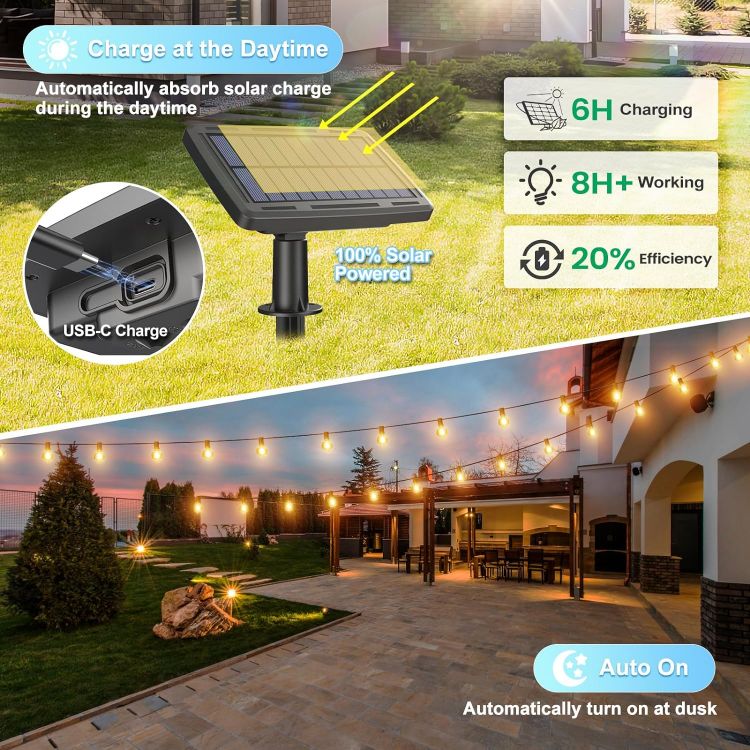 Picture of Solar Festoon Lights Outdoor with Remote+Timer, Dimmable Solar String Lights 4 Lighting Modes 41FT/12.5M IP44 Waterproof with 15+1 Bulbs