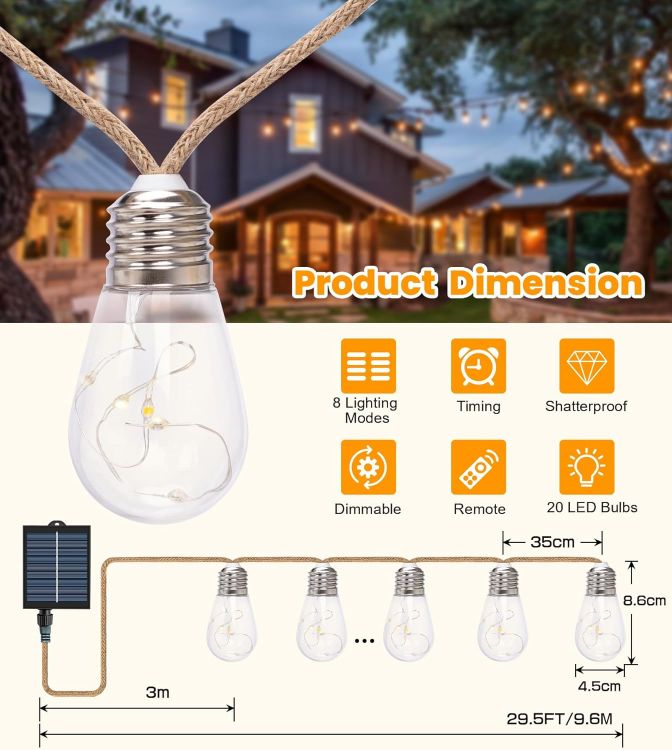 Picture of Solar Festoon Lights Outdoor,9.6M/31.5FT S14 Solar String Lights Outdoor,USB Powered,20 Shatterproof Bulbs,IP65 Waterproof,Personalized 8 Modes