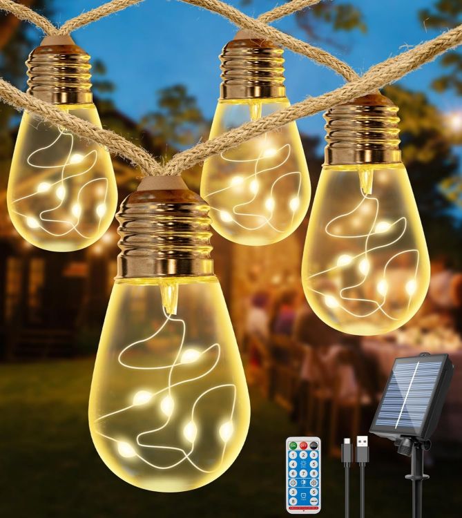 Picture of Solar Festoon Lights Outdoor,9.6M/31.5FT S14 Solar String Lights Outdoor,USB Powered,20 Shatterproof Bulbs,IP65 Waterproof,Personalized 8 Modes