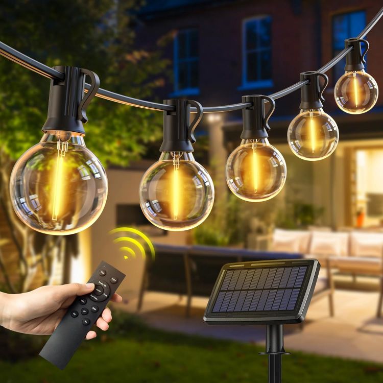 Picture of Solar Festoon Lights Outdoor 19M/61FT USB&Solar String Lights Dimmable 4 Mode with Remote 25+2LED Bulbs Outdoor Solar Lights Timer IP44 Waterproof