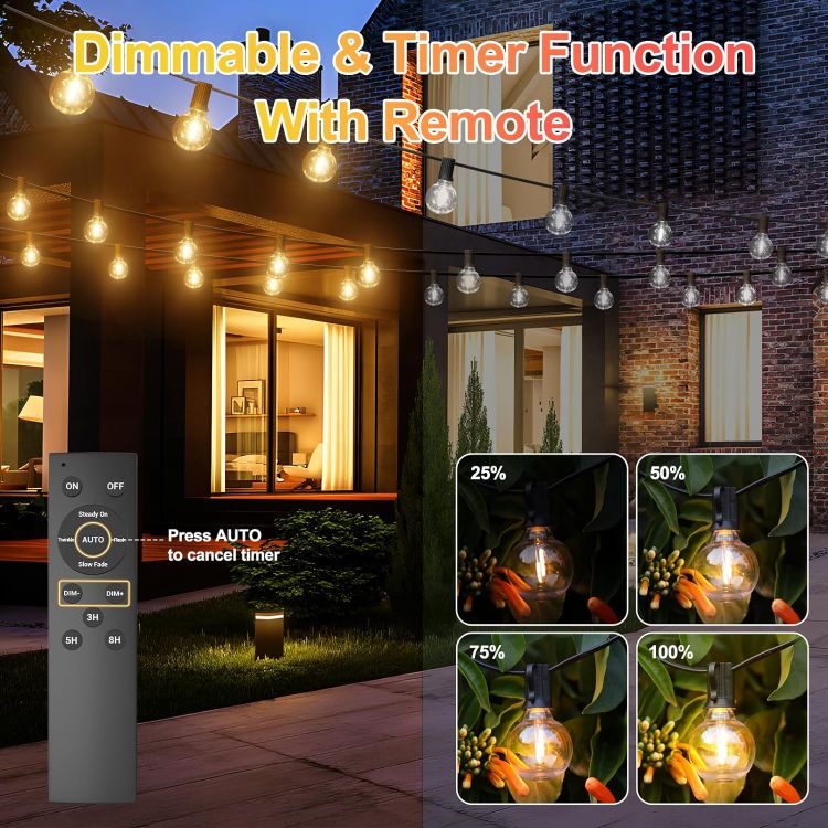 Picture of Solar Festoon Lights Outdoor 19M/61FT USB&Solar String Lights Dimmable 4 Mode with Remote 25+2LED Bulbs Outdoor Solar Lights Timer IP44 Waterproof