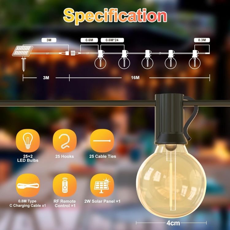 Picture of Solar Festoon Lights Outdoor 19M/61FT USB&Solar String Lights Dimmable 4 Mode with Remote 25+2LED Bulbs Outdoor Solar Lights Timer IP44 Waterproof