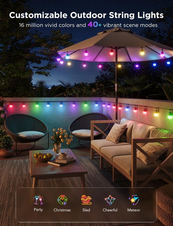 Picture of Smart Outdoor String Lights 2, 30M RGBIC Outdoor Lights with Dimmable Warm White LED Bulbs, 47 Scene Modes for Patio, Backyard