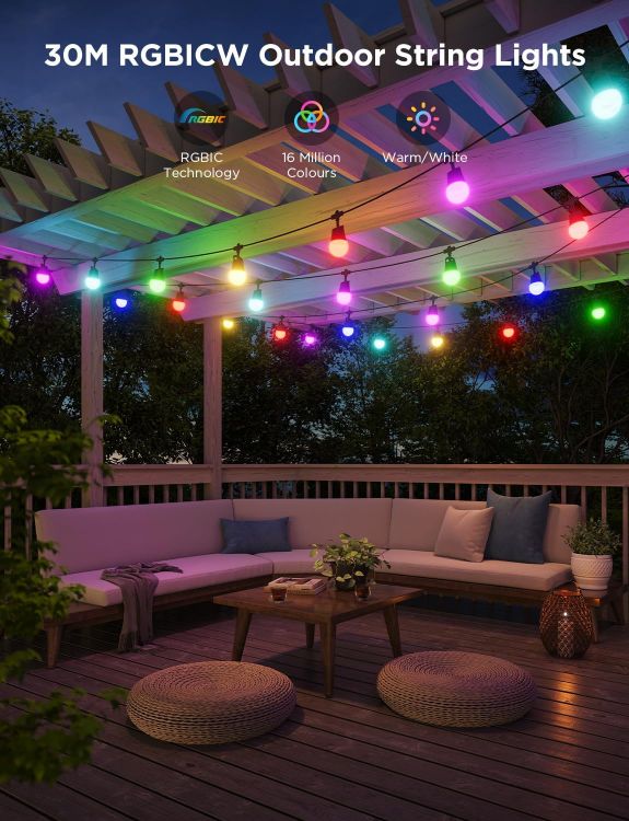 Picture of Smart Outdoor String Lights 2, 30M RGBIC Outdoor Lights with Dimmable Warm White LED Bulbs, 47 Scene Modes for Patio, Backyard