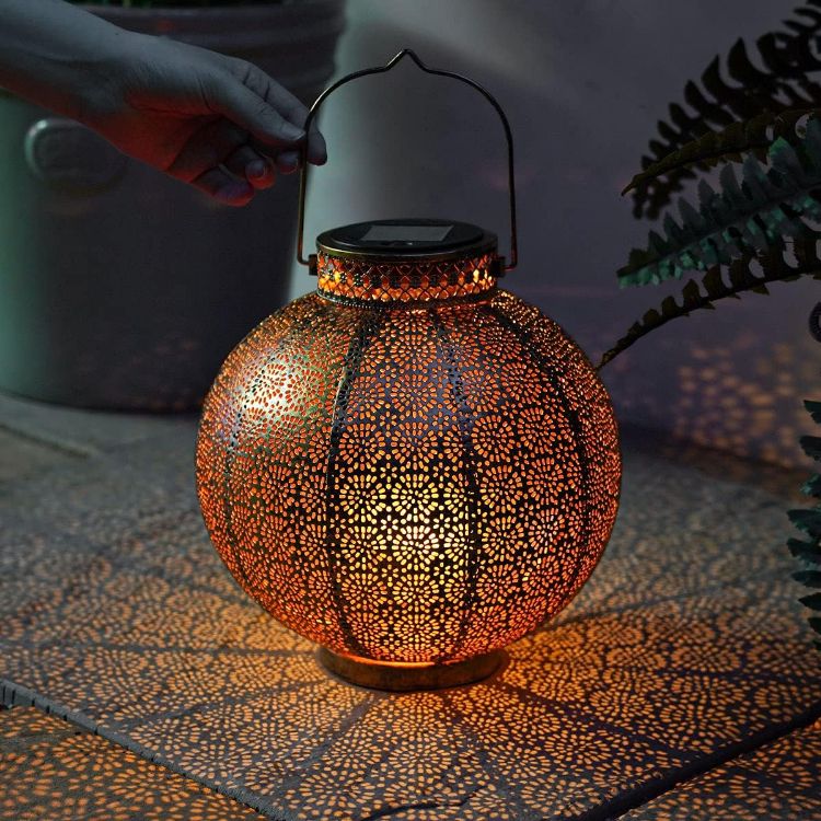 Picture of 25cm Solar Metal Moroccan Brass LED Hanging Free Standing Outdoor Garden Lantern