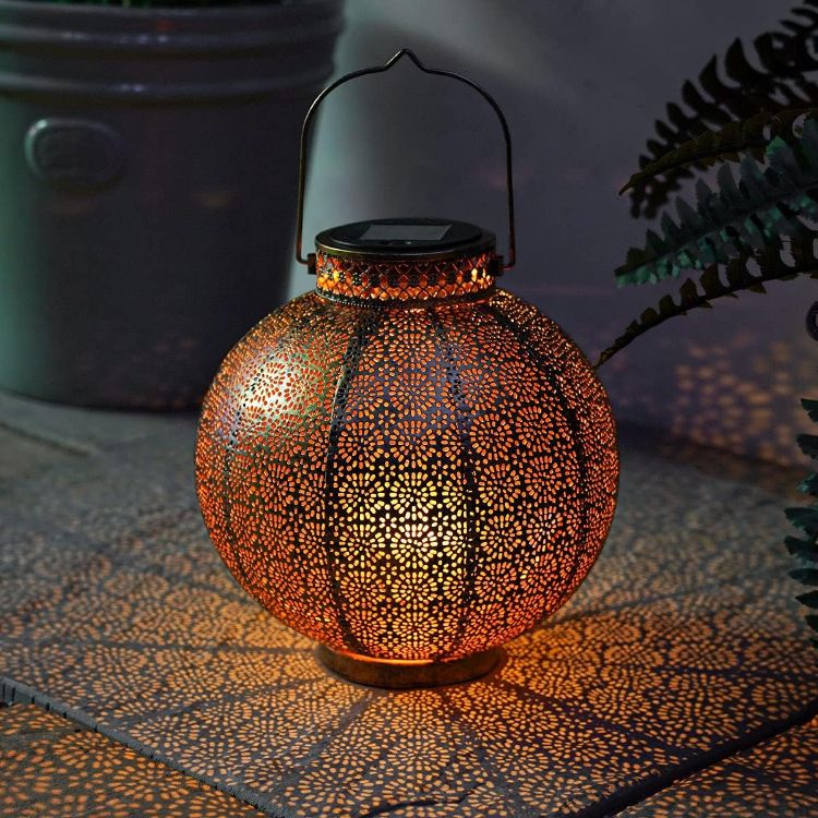 Picture of 25cm Solar Metal Moroccan Brass LED Hanging Free Standing Outdoor Garden Lantern