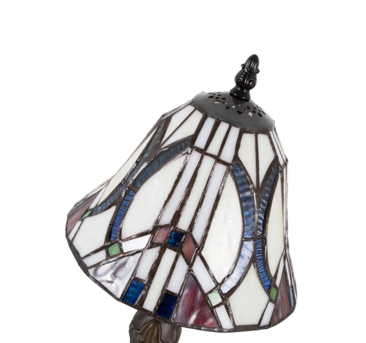 Picture of Elegant Art Deco Tiffany Table Lamp with Dark Purple and White Panels and Blue Water Glass Strips