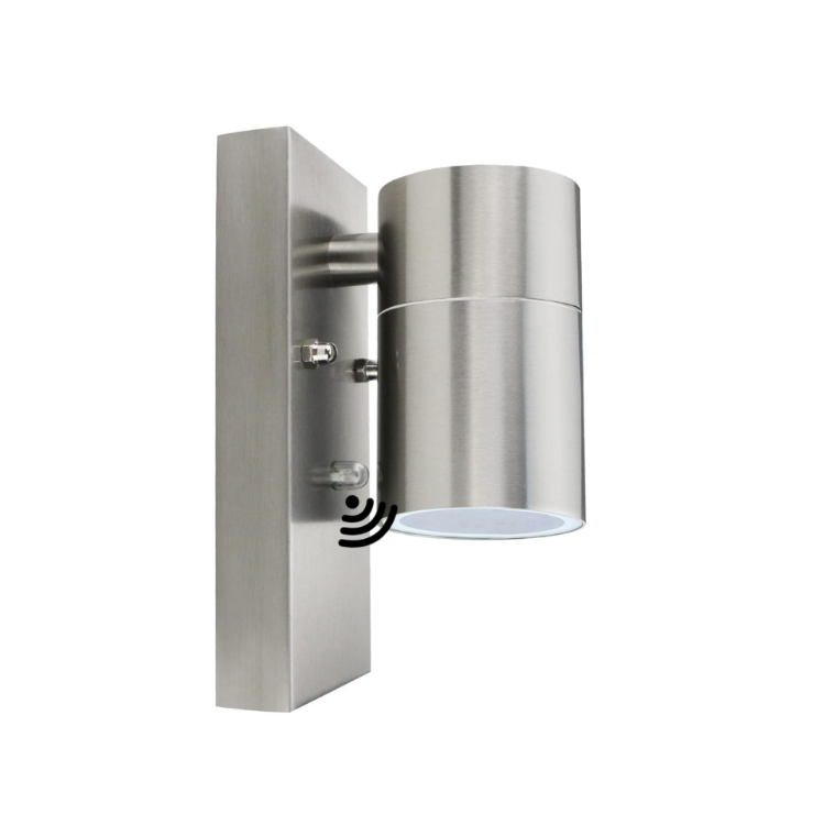 Picture of Modern Stainless Steel Outdoor Garden Wall Down Light with Sensor - IP44 Rated - Complete with a 7W LED GU10 Bulb