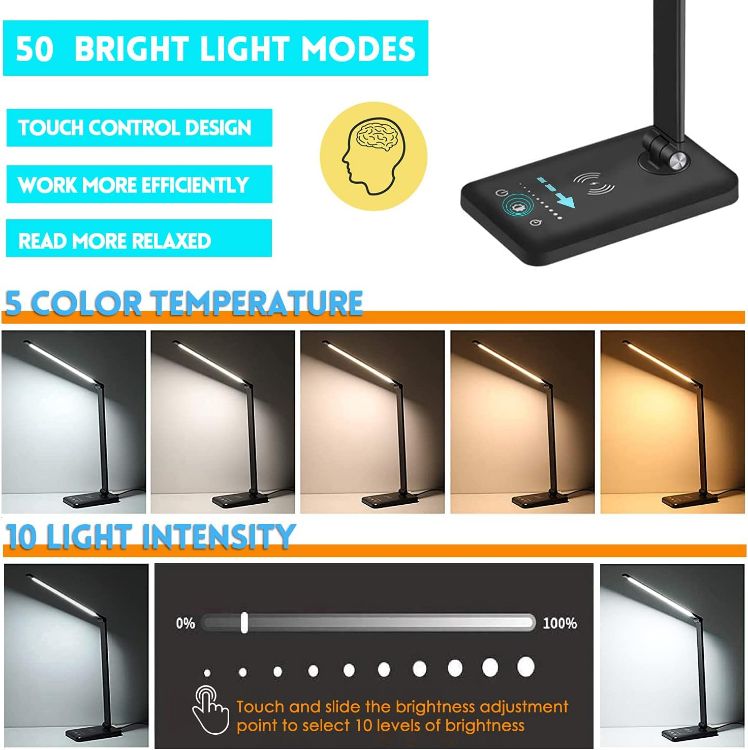 Picture of LED Desk Lamp with USB Charging Port Dimmable Home Office Lamp, 3 Color Modes with 5 Brightness Level, Eye Caring Natural Light Modern Task Lamp 