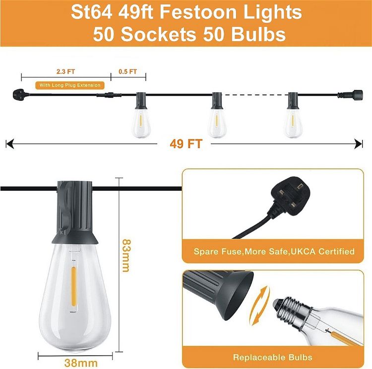 Picture of Outdoor Lights Mains Powered, 48FT LED S14 Garden Festoon Lighting with 15 LED Bulbs, Shatterproof Festoon Lights