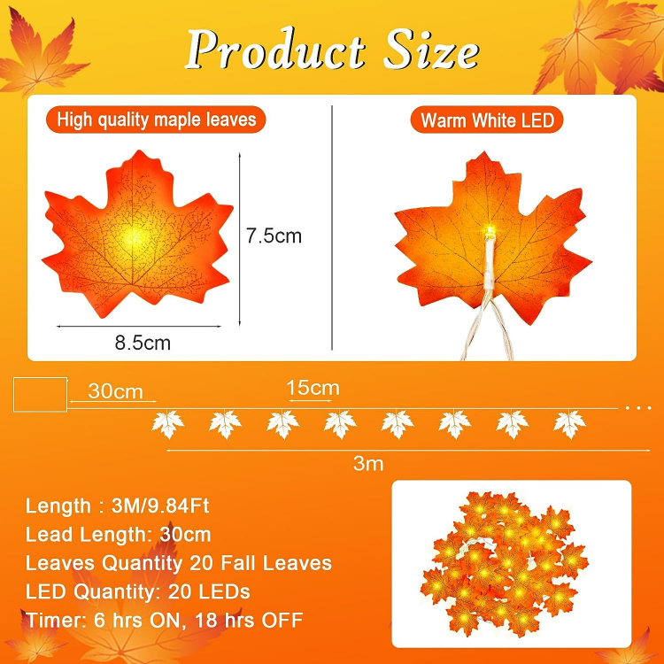 Picture of Maple Leaves Fairy Lights - 3M 20LED USB String with Timer for Fall & Holiday Decor