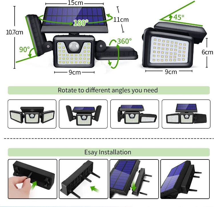 Picture of Motion Sensor 3 Head Outdoor Solar Powered Wall Light, 800LM 6500K Cool White Security Light with 270° Wide Lighting Angle IP65 Waterproof for Front Door, Pathway, Yard, Garage